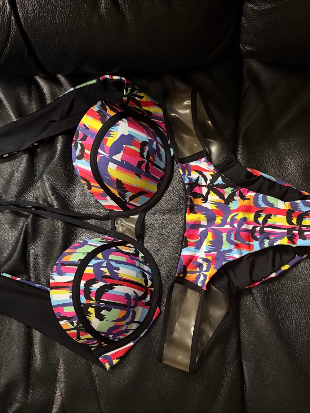 Beach Bunny Multicolor Abstract Print Bikini with Black Trim
